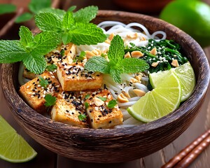 Bowl of tofu, noodles, spinach, and herbs