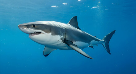 Naklejka premium Great White Shark Swimming in Deep Blue Ocean Water