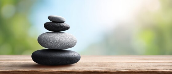 A balanced stack of smooth gray and black stones rests on a wooden surface with a blurred green and blue background, evoking calm and zen.