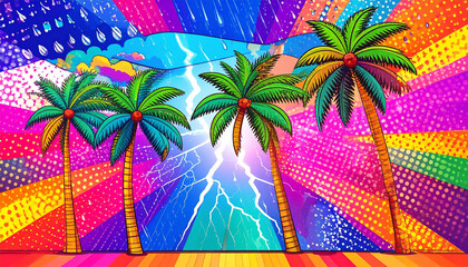 Colorful Pop Art Sketch of Palm Trees Blowing During a Tropical Storm 159