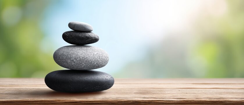 A balanced stack of smooth gray and black stones rests on a wooden surface with a blurred green and blue background, evoking calm and zen.