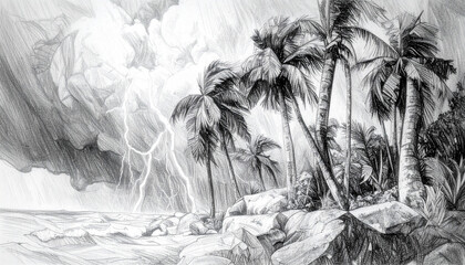 Abstract Black and White Drawing of Palm Trees Blowing in a Tropical Storm 273