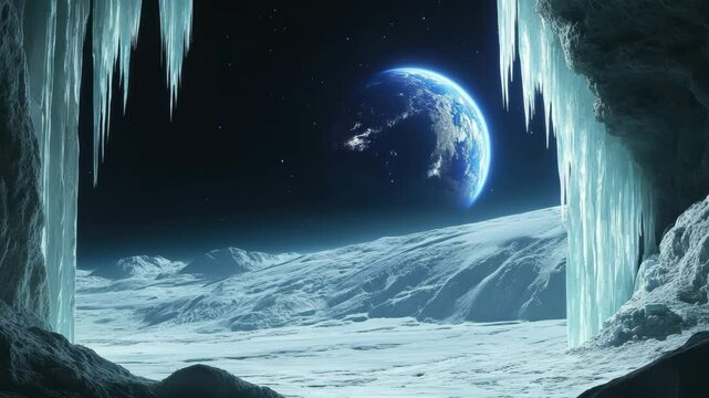 Icy Cave Lunar Landscape with Earthrise and Icicles