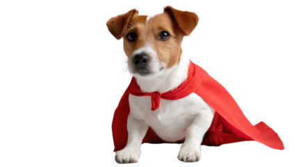Heroic Canine: A courageous canine, sporting a vibrant red cape, exudes an air of bravery and readiness, embodying the spirit of a true superhero.