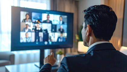 Focused Connection: A contemporary professional actively engages in a virtual meeting, his gaze fixed intently on the screen where a diverse team of colleagues appears.