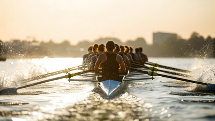 Rowers practice on the water at sunrise, team rowing in unison on calm lake creating splashes, demonstrating teamwork, skill, and fitness.