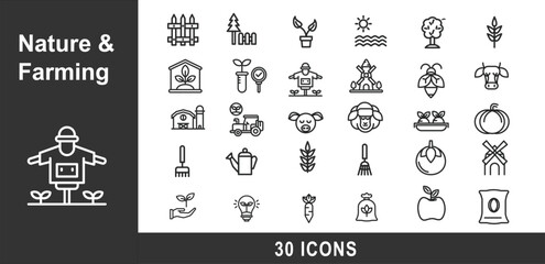 Nature & Farming icon set. Containing plants, agriculture, environment, gardening, sustainability, crops, trees, wildlife, conservation, and more.