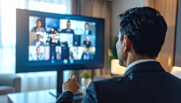 Focused Connection: A contemporary professional actively engages in a virtual meeting, his gaze fixed intently on the screen where a diverse team of colleagues appears.