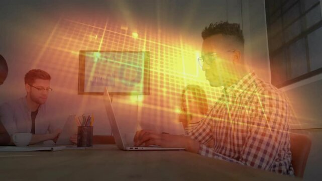 Man gesturing toward screen, guiding business team analyzing data with overlay highlighting chart