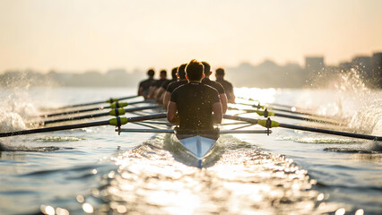 Teamwork on water rowing, athletes power their boat across the lake at sunrise, showing strength and determination.