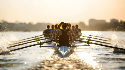 Crew team rowing swiftly across the water during golden hour creating splashes with their oars in a race.