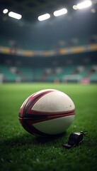Rugby ball lying on green grass field with whistle nearby  