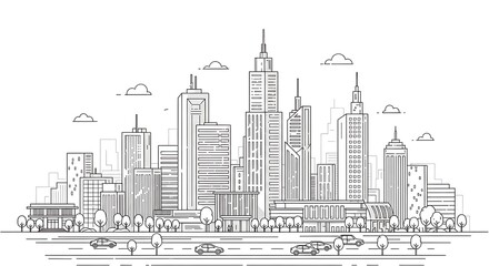 Modern City Skyline Line Art Vector – Urban Outline on White Background

