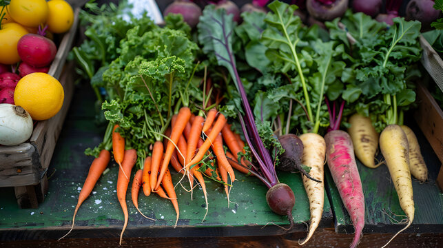 Fresh harvested carrots and colorful root vegetables display a vibrant selection of locally grown produce