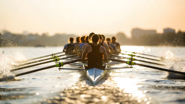 Crew team rowing swiftly across the water during golden hour creating splashes with their oars in a race. - Powered by Adobe