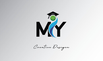 MY Creative Letter Logo with Graduation Cap and Abstract Human – Modern Education and Learning Symbol Design