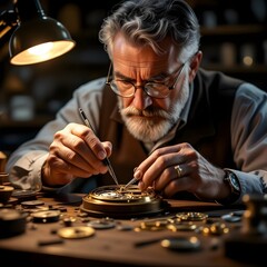 Veteran Watchmaker Repairing Vintage Clock Mechanism