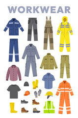 Workwear clothes and shoes. Industrial worker outfit. Work jacket, cargo pants with knee patches, coverall with reflective stripes, overall with pockets, rubber boots, safety helmet, protective gloves