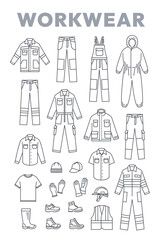 Workwear clothes and shoes editable line icons. Industrial worker outfit. Work jacket, cargo pants with patches, coverall with reflective stripes, overall with pockets, boots, safety helmet, gloves