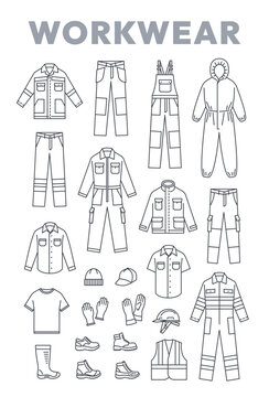 Workwear clothes and shoes editable line icons. Industrial worker outfit. Work jacket, cargo pants with patches, coverall with reflective stripes, overall with pockets, boots, safety helmet, gloves