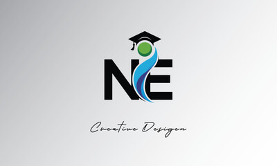 NE Creative Letter Logo with Graduation Cap and Abstract Human – Modern Education and Learning Symbol Design