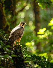 Subtle falcon perched gracefully on a branch in a rainforest captured in minimalist style