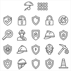 Simple Line Art Icons of Safety, Security, and Construction