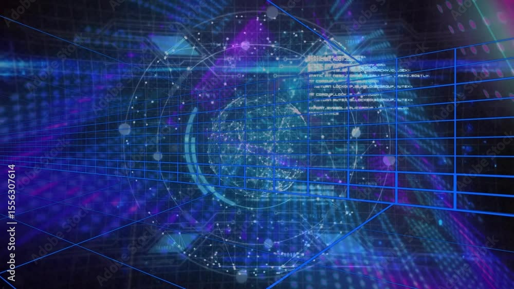 Poster data pulse initiating 3d globe spinning grid extending and code streaming visualizing connectivity