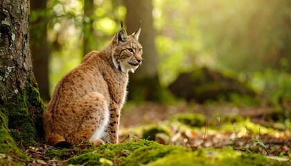 Obraz premium Elegant lynx displaying character on woodland floor surrounded by greenery and trees