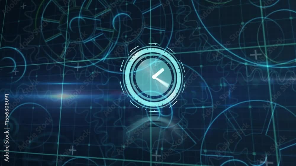 Poster on startup glowing clock interface pulsing and rotating gears while light flares emphasizing timing