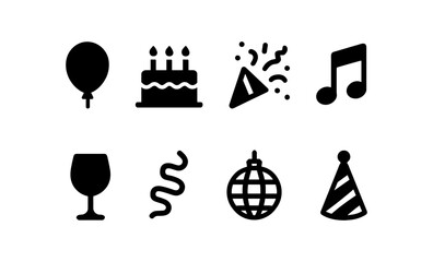 Festive icons: celebration symbols featuring balloons, cake, and party elements