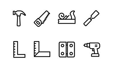 Obraz premium Set of handyman tools icons: hammer, saw, drill, and more for diy projects