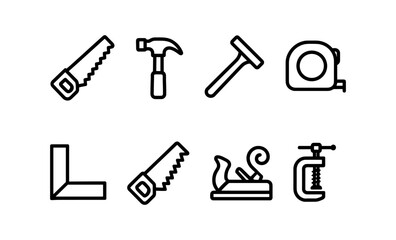 Obraz premium Outline icons set featuring tools for carpentry and woodworking projects