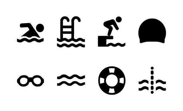 Swimming icon set: goggles, pool ladders, diving, and swim caps