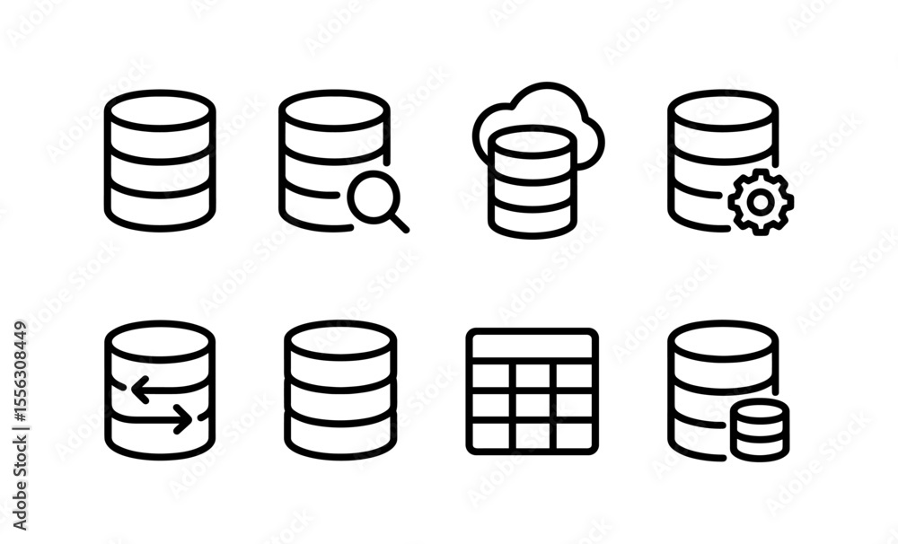 Poster set of database icons including cloud, gear, and data analysis symbols
