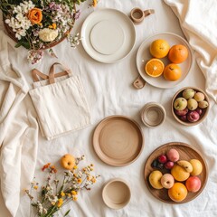 Delicate flat lay of bunch of fruit and plates on linen base with subtle color and style