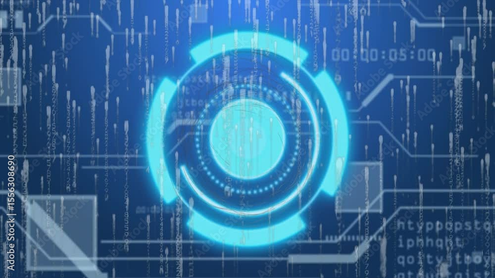 Poster cyan circular hud fading in, rotating arc segments pulsing, code streams cascading for data display