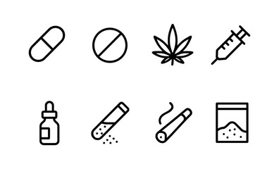 Simple icon set depicting drugs and paraphernalia including pills, syringe, marijuana, and vials