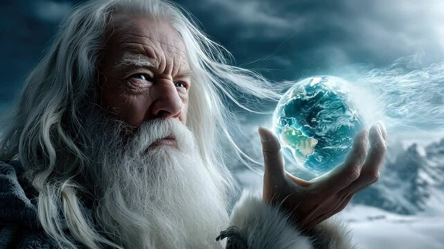 Elderly man with white beard holding a miniature earth in snowy landscape