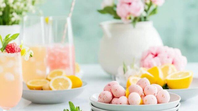 Refreshing citrus drinks and pink easter eggs on pastel table setting with spring flowers