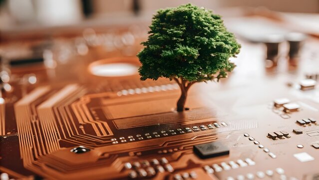 Tech Ecology: A visual metaphor of a small tree flourishing on a computer motherboard. The image merges nature with technology, conveying concepts of sustainable computing, eco-friendly innovation.