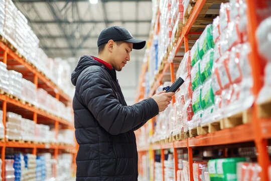 Warehouse worker scanning products with barcode scanner - Powered by Adobe