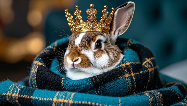 Enigmatic rabbit wearing a crown and plaid scarf in abstract artistic style majestic look