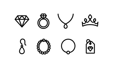Minimalist jewelry icons set featuring rings, necklaces, and crowns