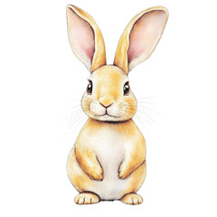 Cute realistic illustration of a fluffy brown bunny rabbit with large ears and curious expression isolated on white background
