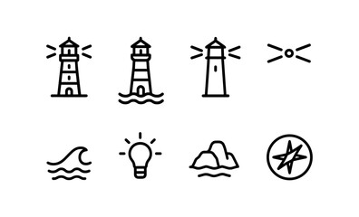 Minimalist nautical icons: lighthouse, wave, compass, and more