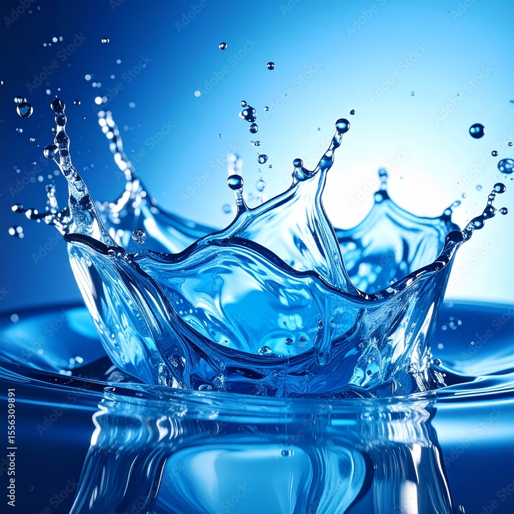 Poster dynamic water splashing against a vivid blue background creating an abstract display