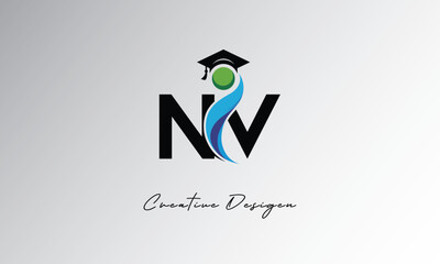 NV Creative Letter Logo with Graduation Cap and Abstract Human – Modern Education and Learning Symbol Design