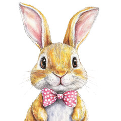 Obraz premium Adorable realistic bunny rabbit portrait with pink polka dot bow tie, furry ears and soft detailed fur