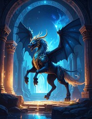 Majestic legendary chimera in ancient ruins shimmering with sparkling fantasy elements